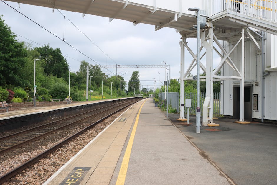 A clean and well-maintained platform at Barnes Bridge Station in W14, featuring smooth concrete surfaces with a yellow safety line along the edge. The station's white metal structures support the canopy overhead, which appears freshly cleaned and free of dust or debris. Steel railway tracks run parallel to the platform, with no visible litter or stains. Green trees and bushes line the background, adding a natural contrast to the urban setting. Bright, natural lighting highlights the cleanliness of the station, and no clutter or dirt is visible, reflecting the professional cleaning services provided by Cleaners W14 to maintain hygiene and surface cleanliness for commuters during quick flat cleans and routine maintenance.